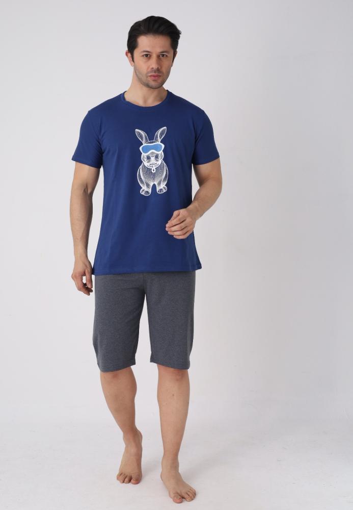 Pijama barbat cu maneca scurta si pantaloni 3/4, culoare bleumarin, Engros